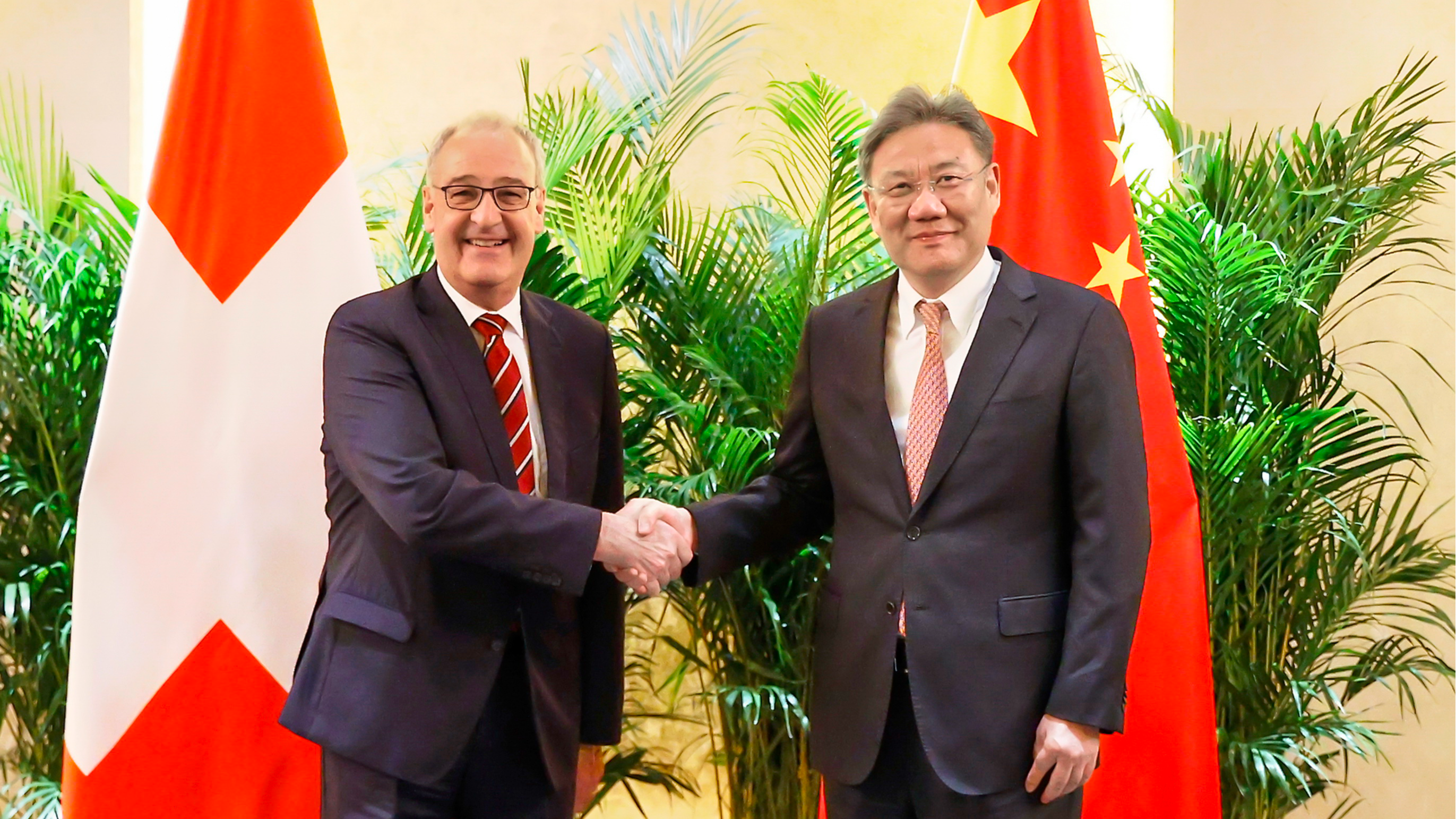 Chinese Commerce Minister Wang Wentao (R) shakes hands with Swiss Federal Councilor Guy Parmelin, also head of the Federal Department of Economic Affairs, Education and Research, in Beijing, China, July 1, 2024. /Chinese Ministry of Commerce