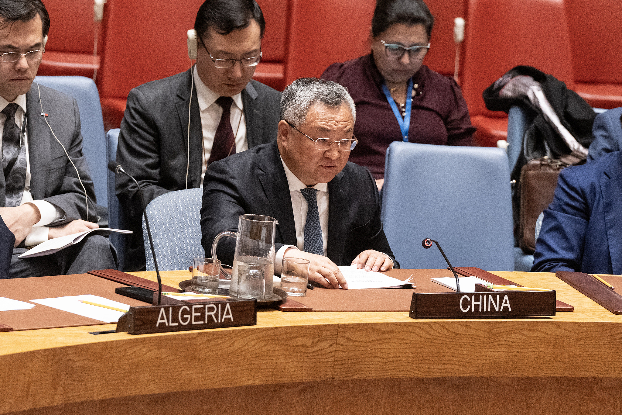 China's permanent representative to the UN, Fu Cong, speaks during a Security Council meeting at UN Headquarters in New York, May 29, 2024. /CFP