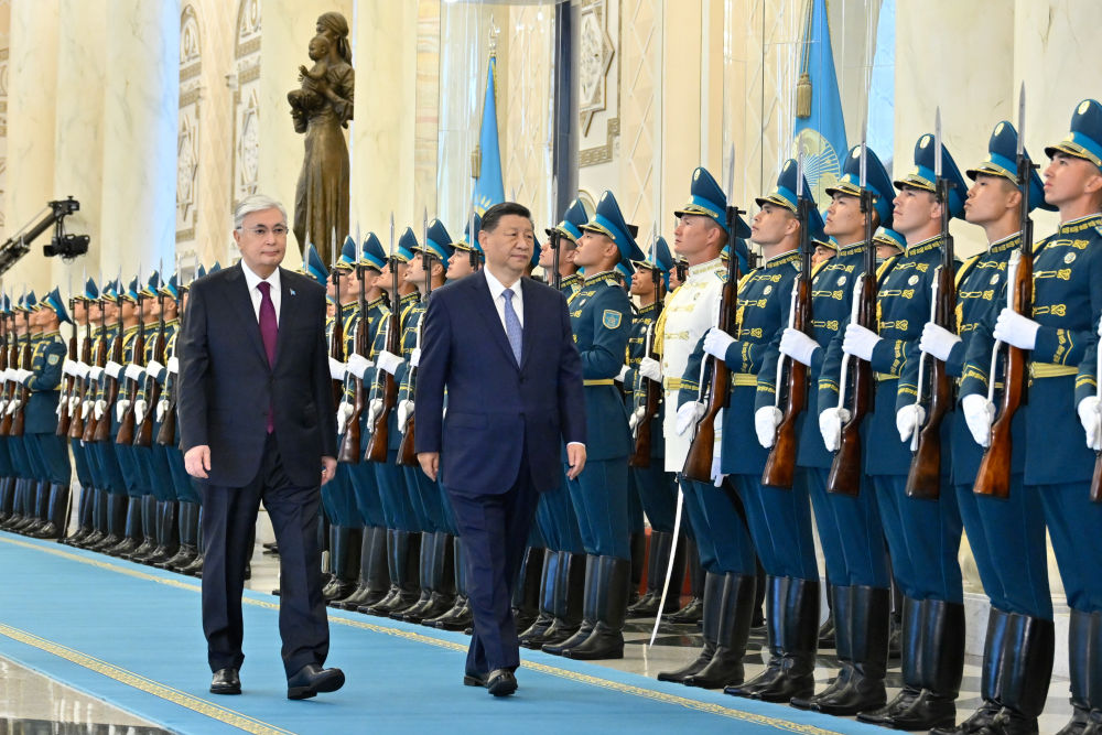 Kazakh President Kassym-Jomart Tokayev hosts a welcome ceremony for visiting Chinese President Xi Jinping in Astana, Kazakhstan, July 3, 2024. /Xinhua