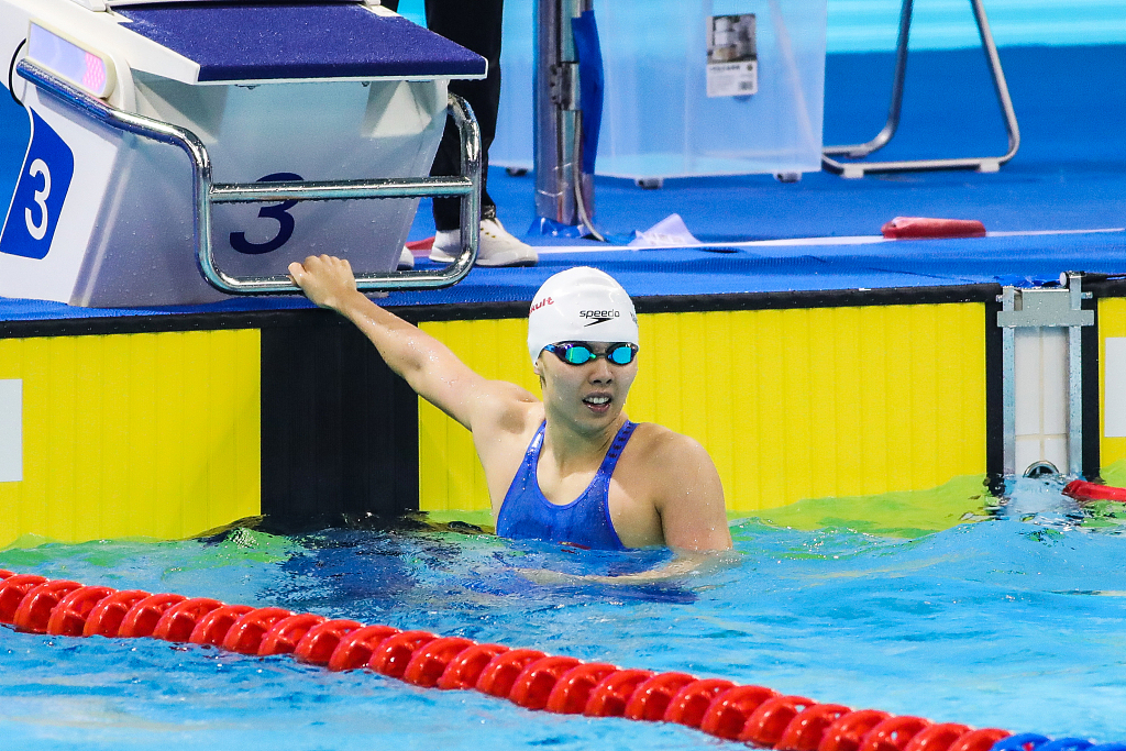 Yang Junxuan finishes swimming in the women's 200-meter freestyle final at the 2024 Summer Olympic Trials for Team China in Shenzhen, south China's Guangdong Province, April 21, 2024. /CFP