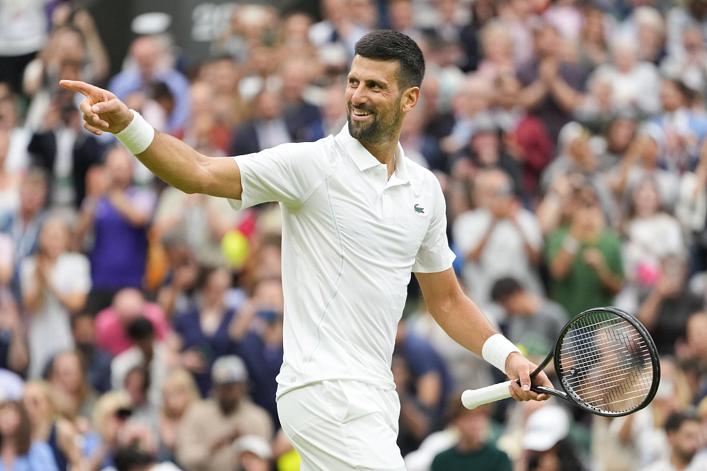 Novak Djokovic of Serbia reacts after his victory over Vit Kopriva of the Czech Republic in a men's singles first round match at the Wimbledon Championships at the All England Lawn Tennis and Croquet Club in London, UK, July 2, 2024. /CFP