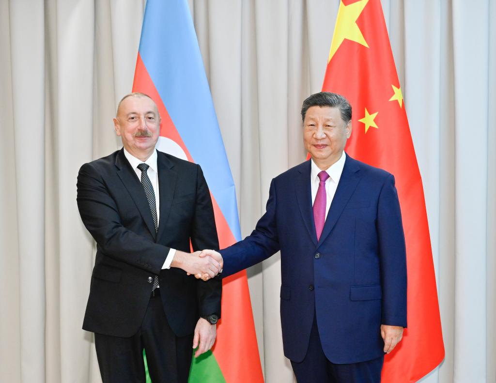 Chinese President Xi Jinping meets with Azerbaijani President Ilham Aliyev ahead of the 24th Meeting of the Council of Heads of State of the Shanghai Cooperation Organization in Astana, Kazakhstan, July 3, 2024. /Xinhua