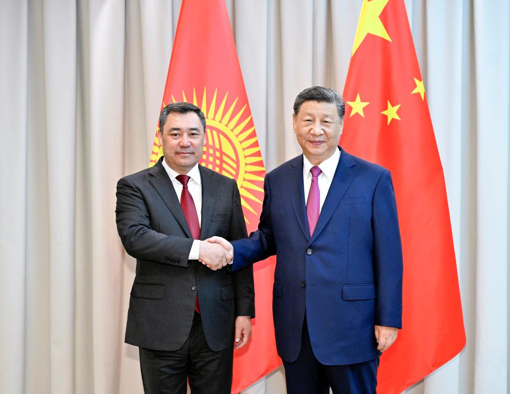 Chinese President Xi Jinping meets with Kyrgyz President Sadyr Japarov ahead of the 24th Meeting of the Council of Heads of State of the Shanghai Cooperation Organization in Astana, Kazakhstan, July 3, 2024. /Xinhua