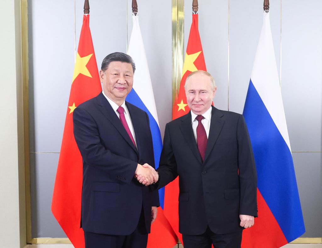 Chinese President Xi Jinping meets with Russian President Vladimir Putin ahead of the 24th Meeting of the Council of Heads of State of the Shanghai Cooperation Organization in Astana, Kazakhstan, July 3, 2024. /Xinhua