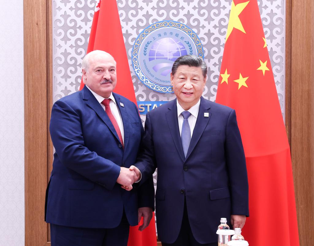 Chinese President Xi Jinping meets with Belarusian President Alexander Lukashenko on the sidelines of the Shanghai Cooperation Organization summit in Astana, Kazakhstan, July 4, 2024. /Xinhua