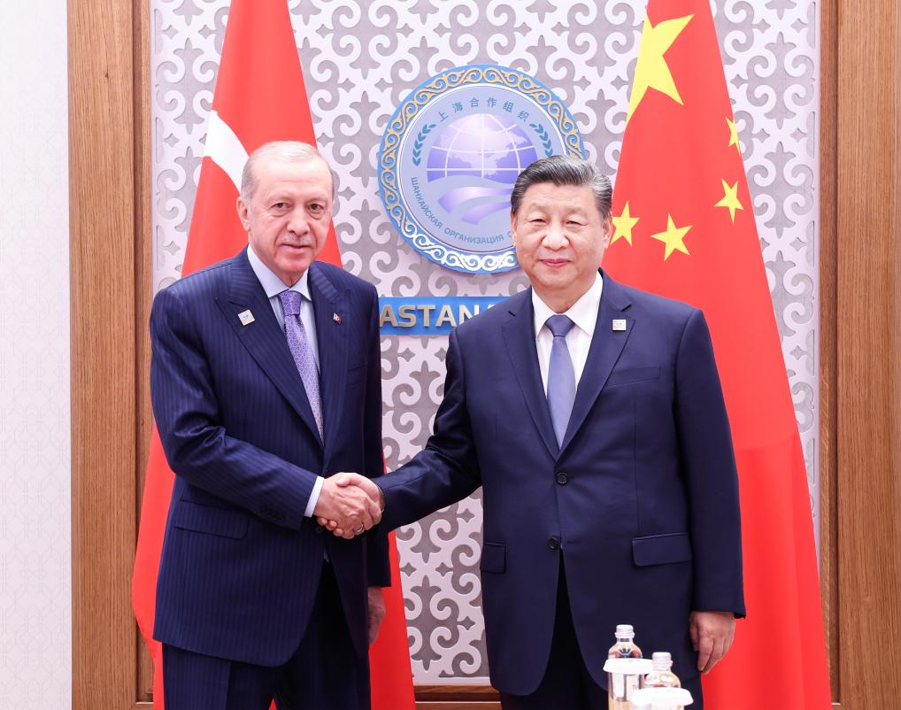 Chinese President Xi Jinping meets with Turkish President Recep Tayyip Erdogan on the sidelines of the Shanghai Cooperation Organization summit in Astana, Kazakhstan, July 4, 2024. /Xinhua