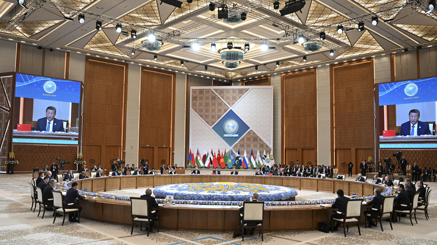 Chinese President Xi Jinping addresses the 24th Meeting of the Council of Heads of State of the Shanghai Cooperation Organization in Astana, Kazakhstan, July 4, 2024. /Xinhua