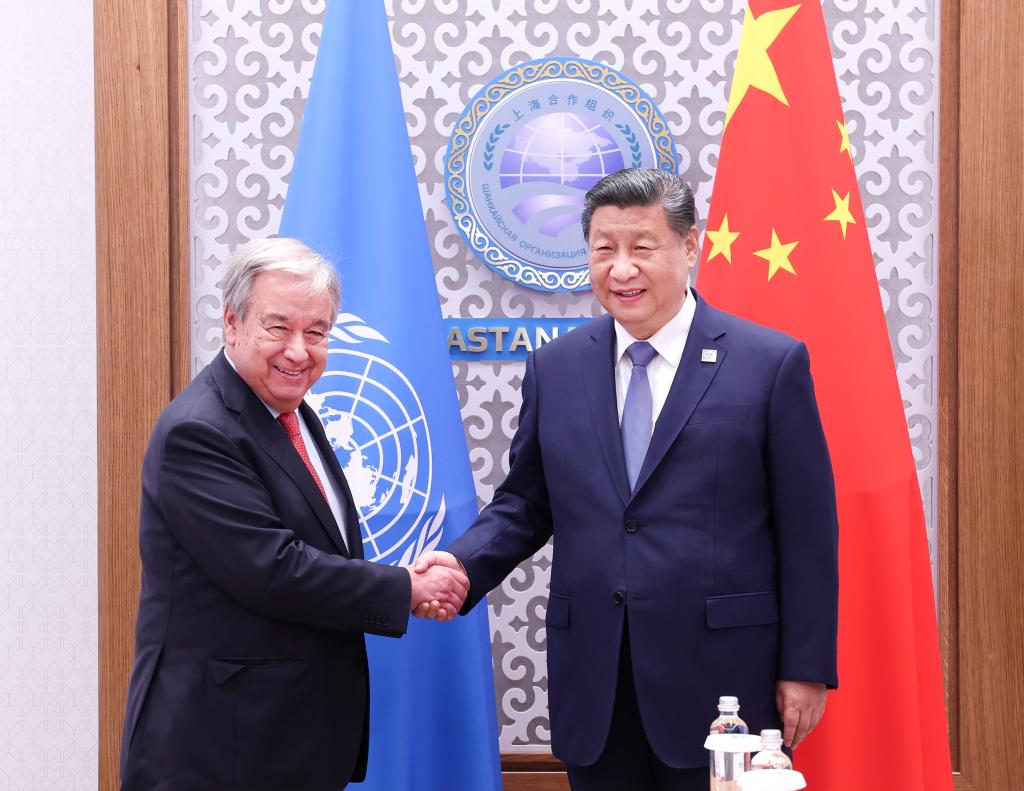 Chinese President Xi Jinping meets with UN Secretary-General Antonio Guterres on the sidelines of the 24th Meeting of the Council of Heads of State of the Shanghai Cooperation Organization in Astana, Kazakhstan, July 4, 2024. /Xinhua