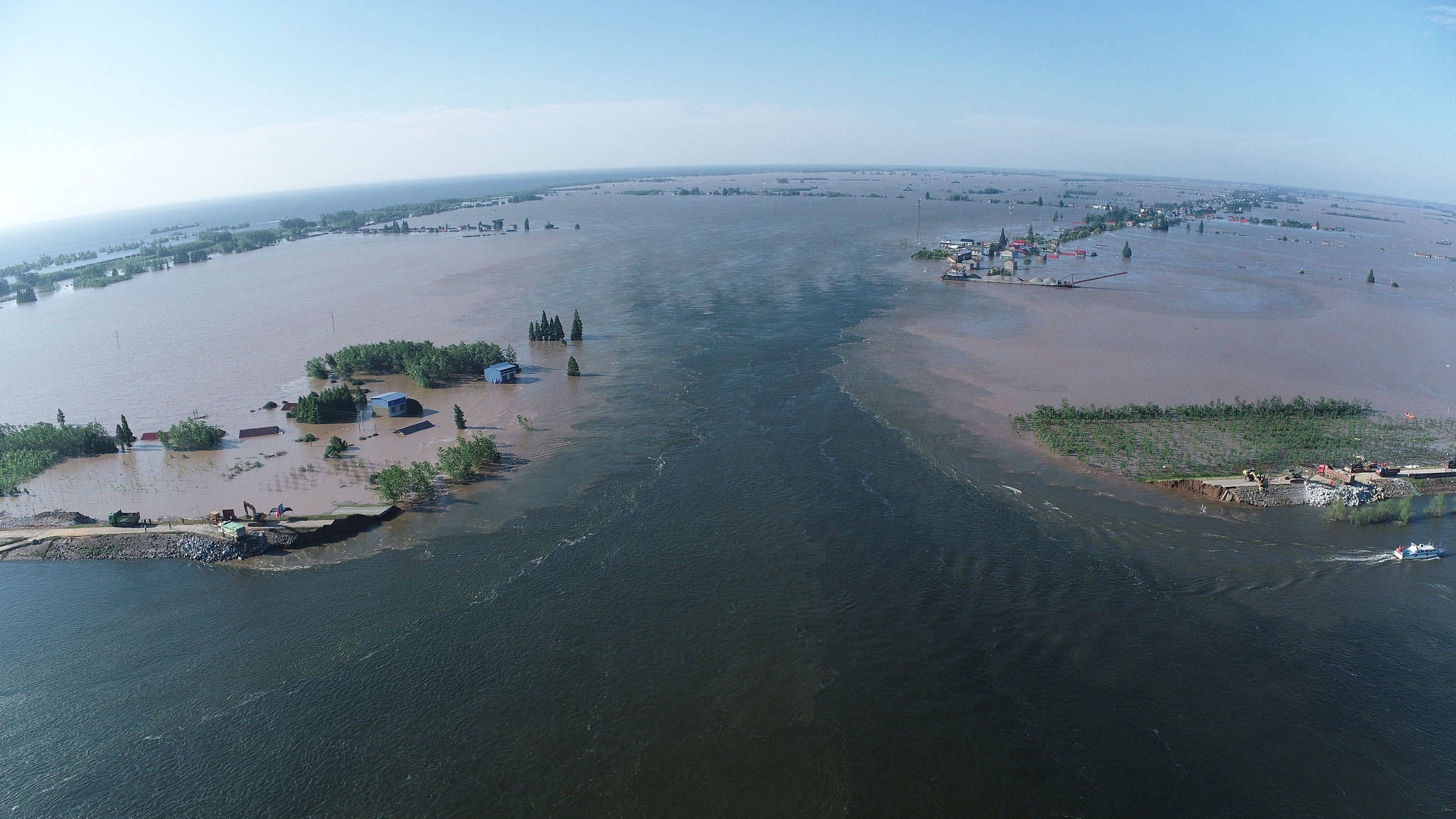 An aerial photo of the breached dike, Huarong County, central China's Hunan Province, July 6, 2024. /CFP