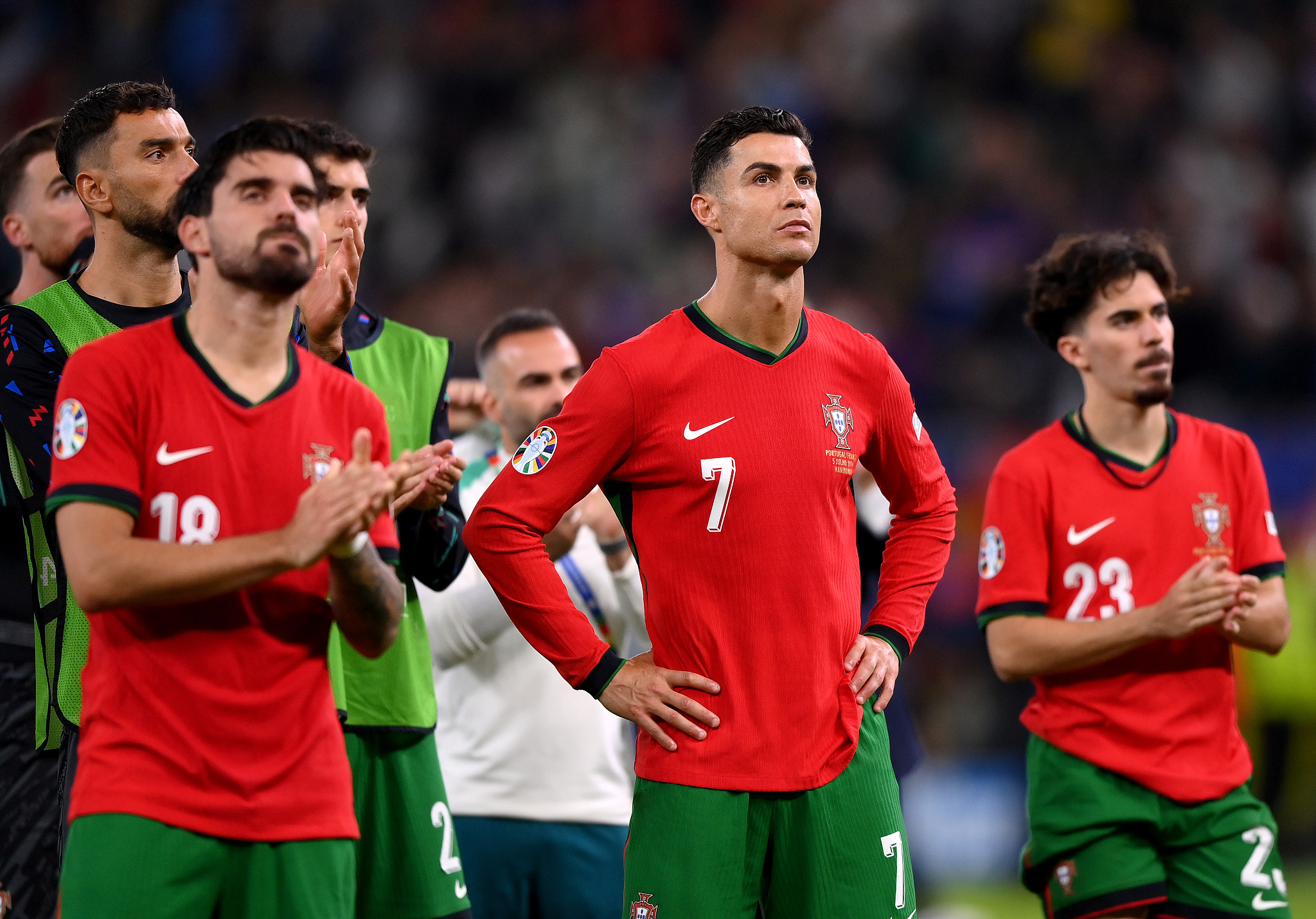 Cristiano Ronaldo #7 of Portugal looks dejected following the team's defeat in the penalty shoot out during the UEFA EURO 2024 quarter-final match against France in Hamburg, Germany, July 5, 2024. /CFP