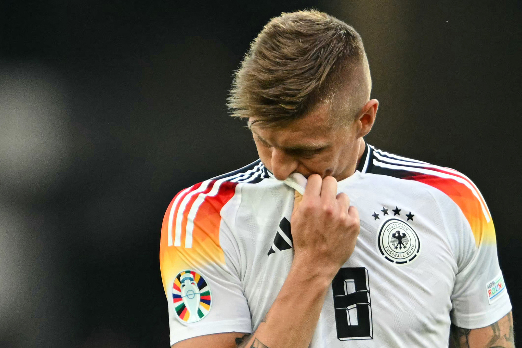 Germany midfielder #08 Toni Kroos played the final match of his career in the UEFA Euro 2024 quarter-final football match against Spain in Stuttgart, Germany, Friday, July 5, 2024. /CFP