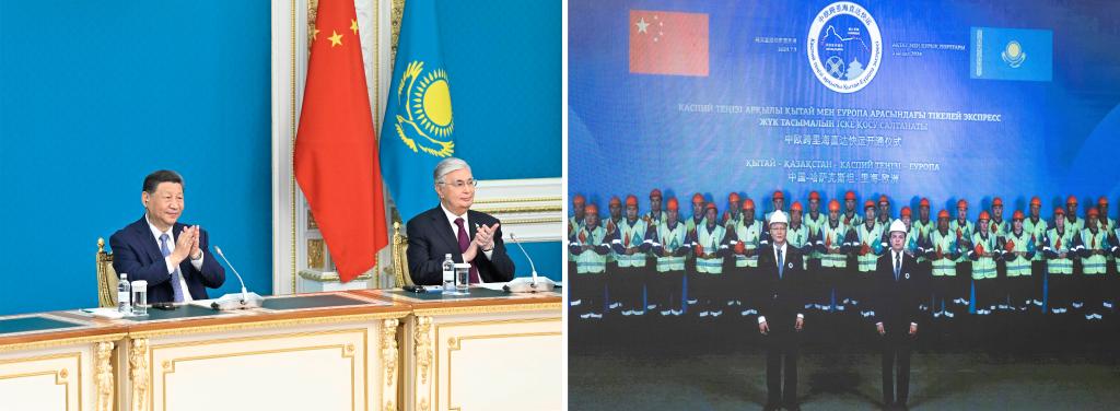 Chinese President Xi Jinping (L) and Kazakh President Kassym-Jomart Tokayev attend the opening ceremony of the Trans-Caspian International Transportation Route via video link in Astana, Kazakhstan, July 3, 2024. /Xinhua