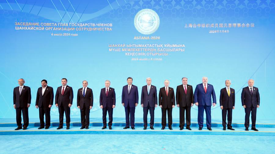 Chinese President Xi Jinping (6th L) poses for a group photo with leaders attending the 24th Meeting of the Council of Heads of State of the SCO in Astana, Kazakhstan, July 4, 2024. /Xinhua