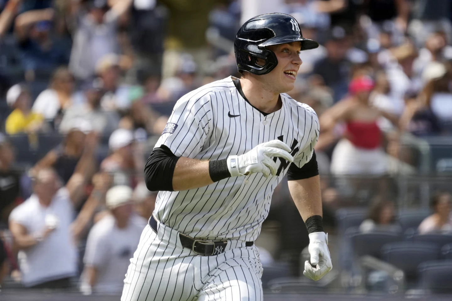 Ben Rice of the New York Yankees runs to the first base after hitting a home run in the seventh inning of a game against the Boston Red Sox at Yankee Stadium in New York City, July 6, 2024. /AP