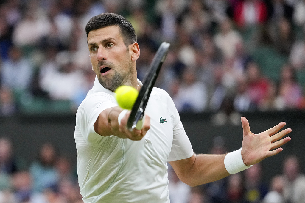 Novak Djokovic of Serbia competes in a Wimbledon Championships men's singles third-round match against Alexei Popyrin of Australia at the All England Lawn Tennis and Croquet Club in London, July 6, 2024. /CFP