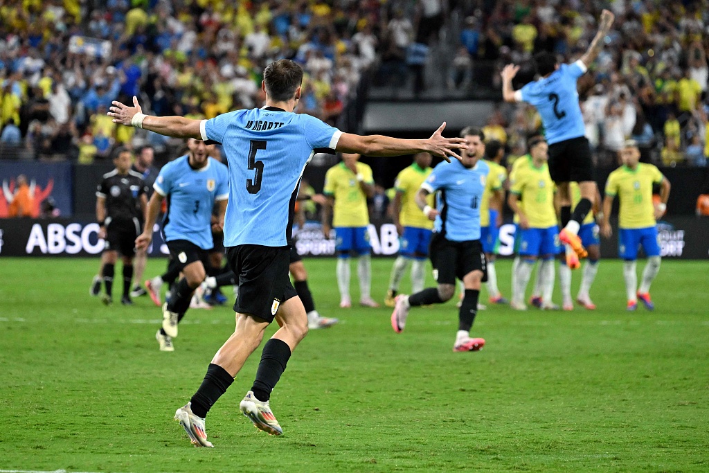 Uruguay players celebrate after beating Brazil in the Copa America 2024 quarterfinals in Las Vegas, Nevada, July 6, 2024. /CFP