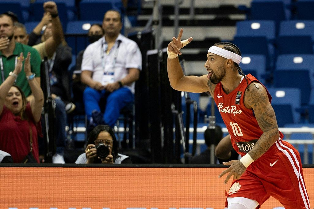 Jose Alvarado of Puerto Rico reacts after making a three-pointer in one of the 2024 FIBA Men's Olympic Qualifying Tournaments finals against Lithuania in San Juan, Puerto Rico, July 7, 2024. /CFP