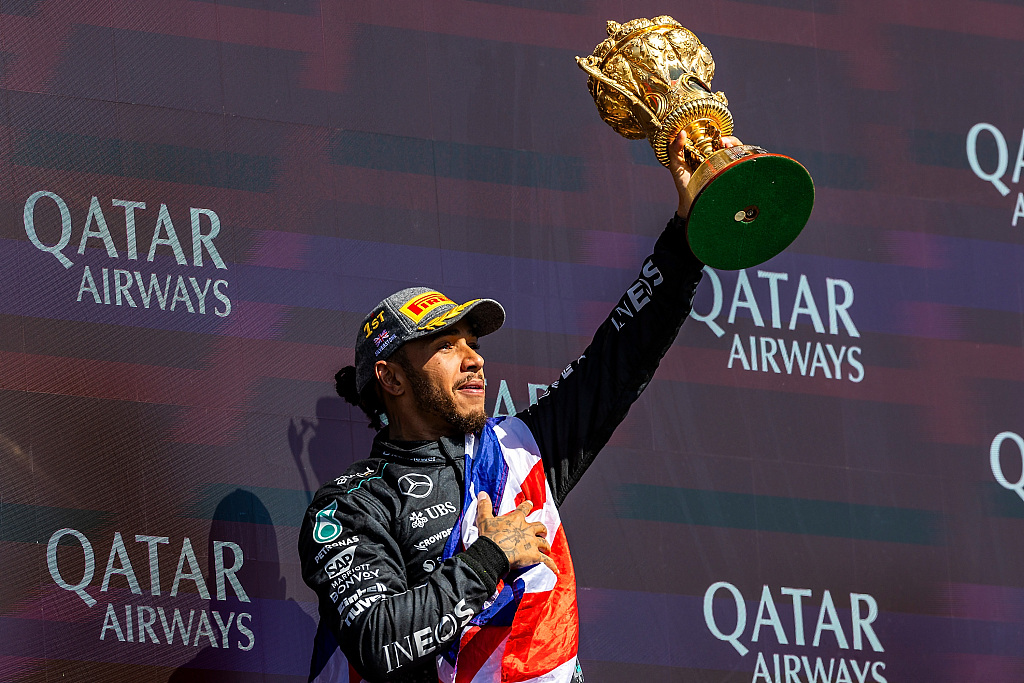 Lewis Hamilton of the Mercedes-AMG Petronas Formula One Team celebrates after winning the Formula One British Grand Prix at the Silverstone Circuit in Silverstone, United Kingdom, July 7, 2024. /CFP 