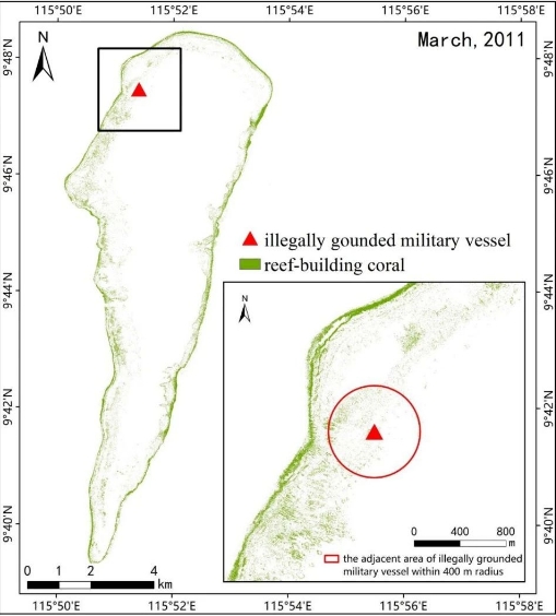 Distribution of reef-building corals in different areas of the Ren'ai Jiao reef platform in March 2011. /China's Ministry of Natural Resources