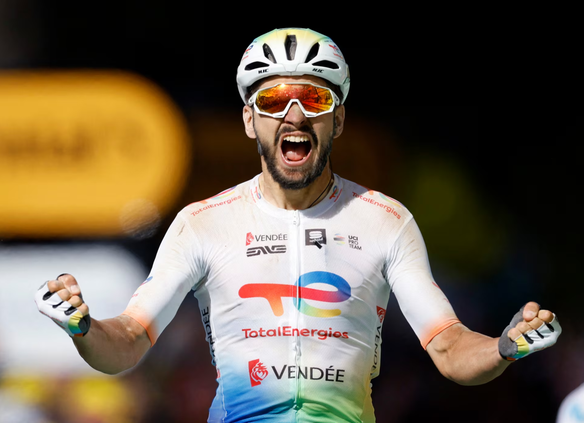 Anthony Turgis of UCI ProTeam Team TotalEnergies celebrates after winning Stage 9 during the 111th Tour de France in Troyes, France, July 7, 2024. /Reuters