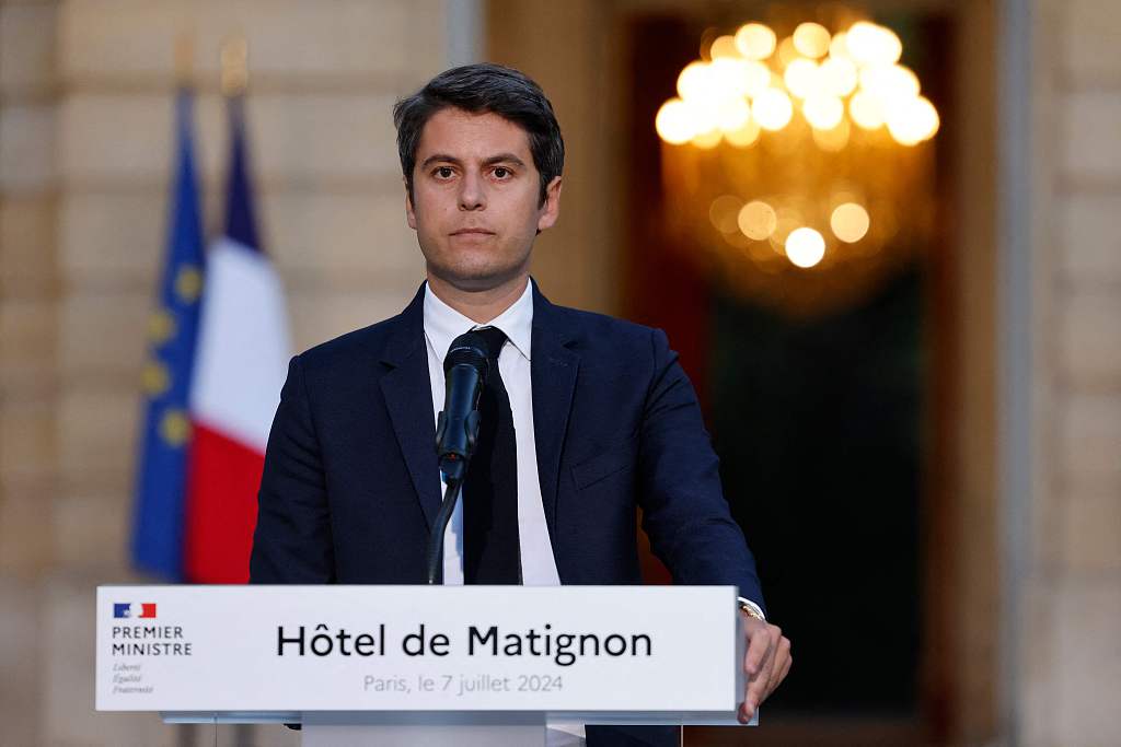 France's Prime Minister Gabriel Attal gives a speech following the first results of the second round of France's legislative election at Matignon in Paris, France, July 7, 2024. /CFP