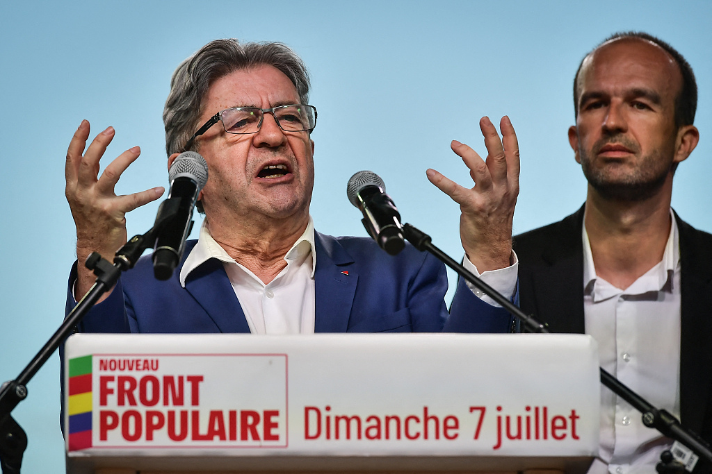 France Unbowed leader Jean-Luc Melenchon delivers a speech during the New Popular Front's election night event after the second round of the French legislative elections, Paris, France, July 7, 2024. /CFP