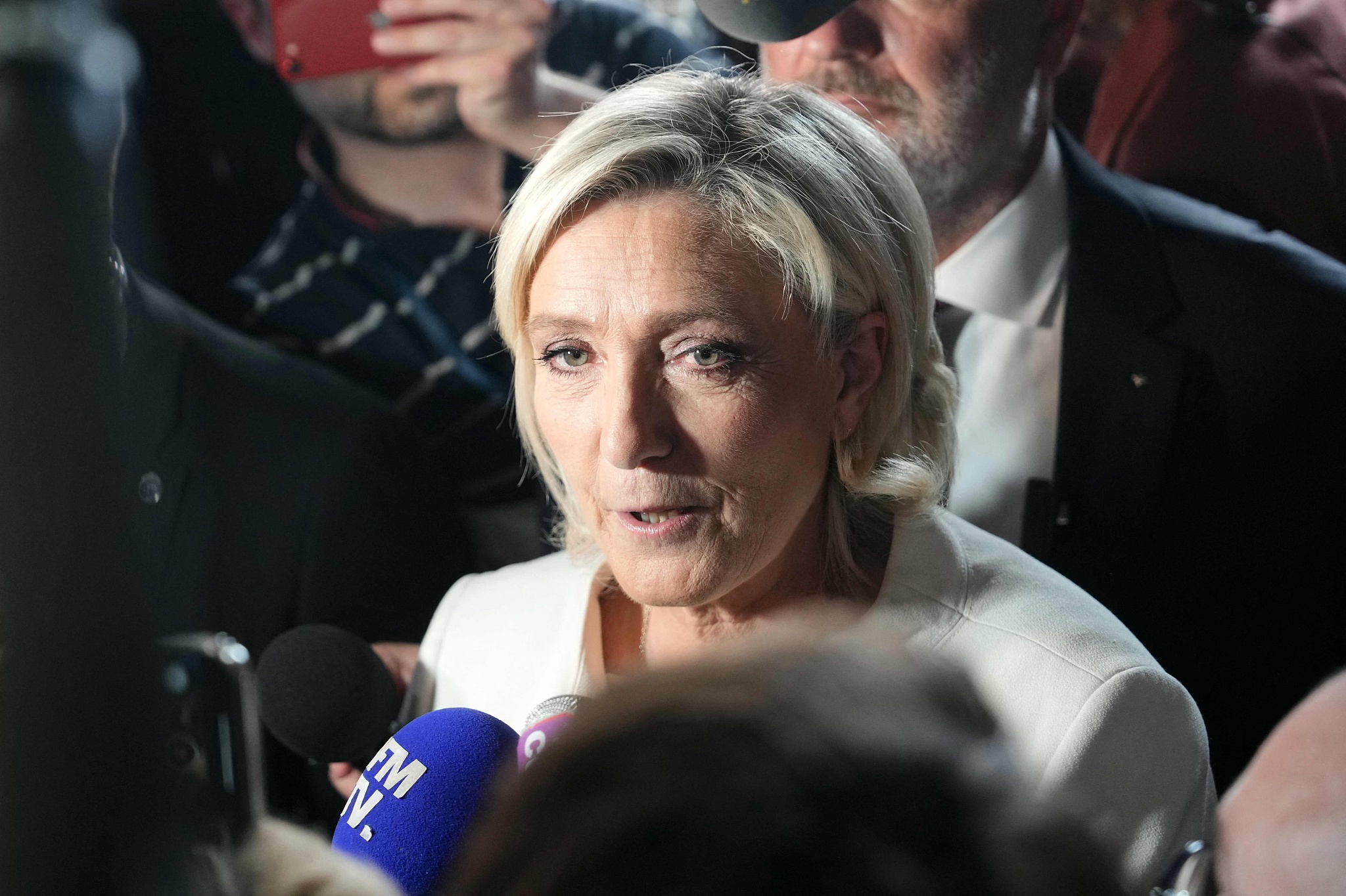 French National Rally leader Marine Le Pen talks to the press during the party's election night event following the first results of the second round of France's legislative election in Paris, France, July 7, 2024. /CFP