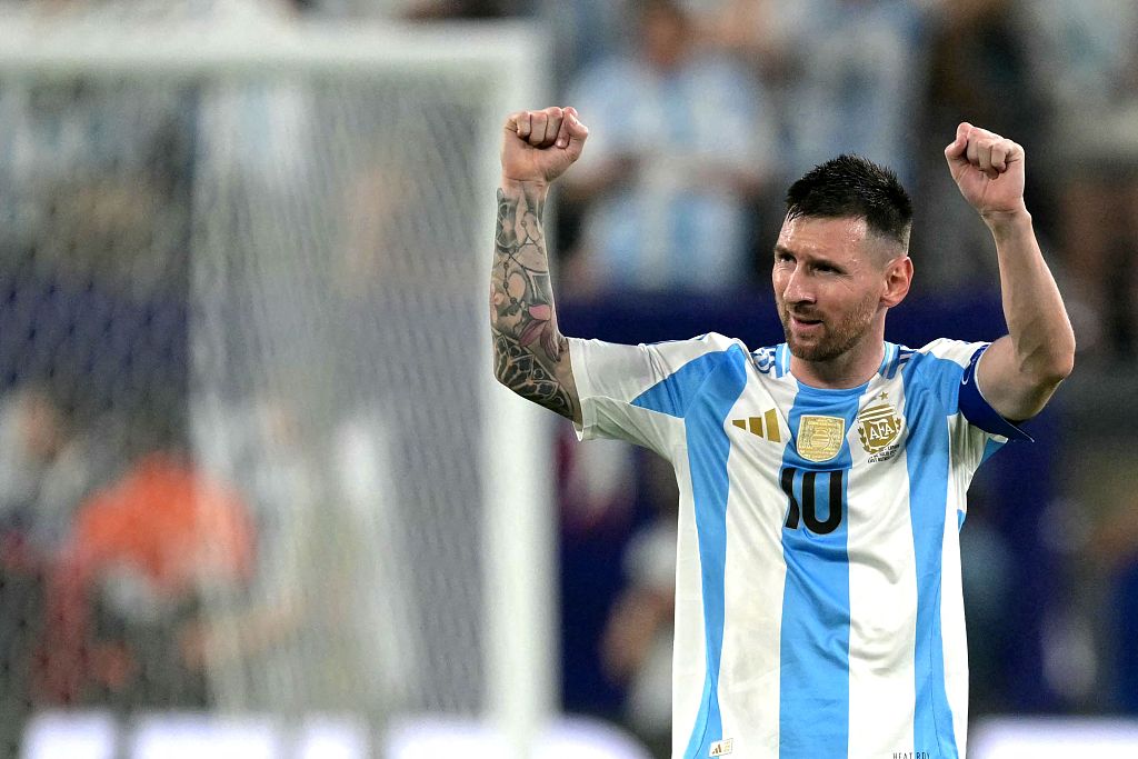 Lionel Messi of Argetina celebrates after scoring a goal in the Copa America semifinals against Canada in East Rutherford, New Jersey, July 9, 2024. /CFP