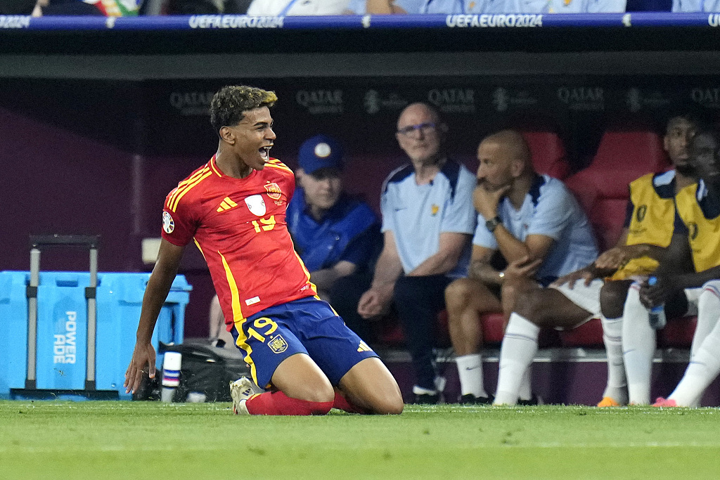 Lamine Yamal of Spain celebrates after scoring a goal in the Euro 2024 semifinals against France in Berlin, Germany, July 9, 2024. /CFP
