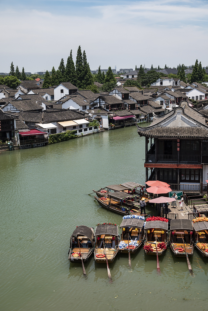 Boats are spotted in the waterways of Zhujiajiao Ancient Town in the southwestern suburbs of Shanghai, July 7, 2024. /CFP