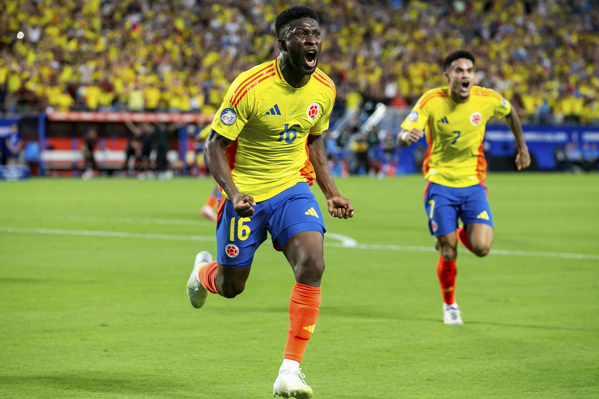 Jefferson Lerma (#16) of Colombia celebrates after scoring a goal in the Copa America semifinals against Uruguay in Charlotte, North Carolina, July 10, 2024. /CFP