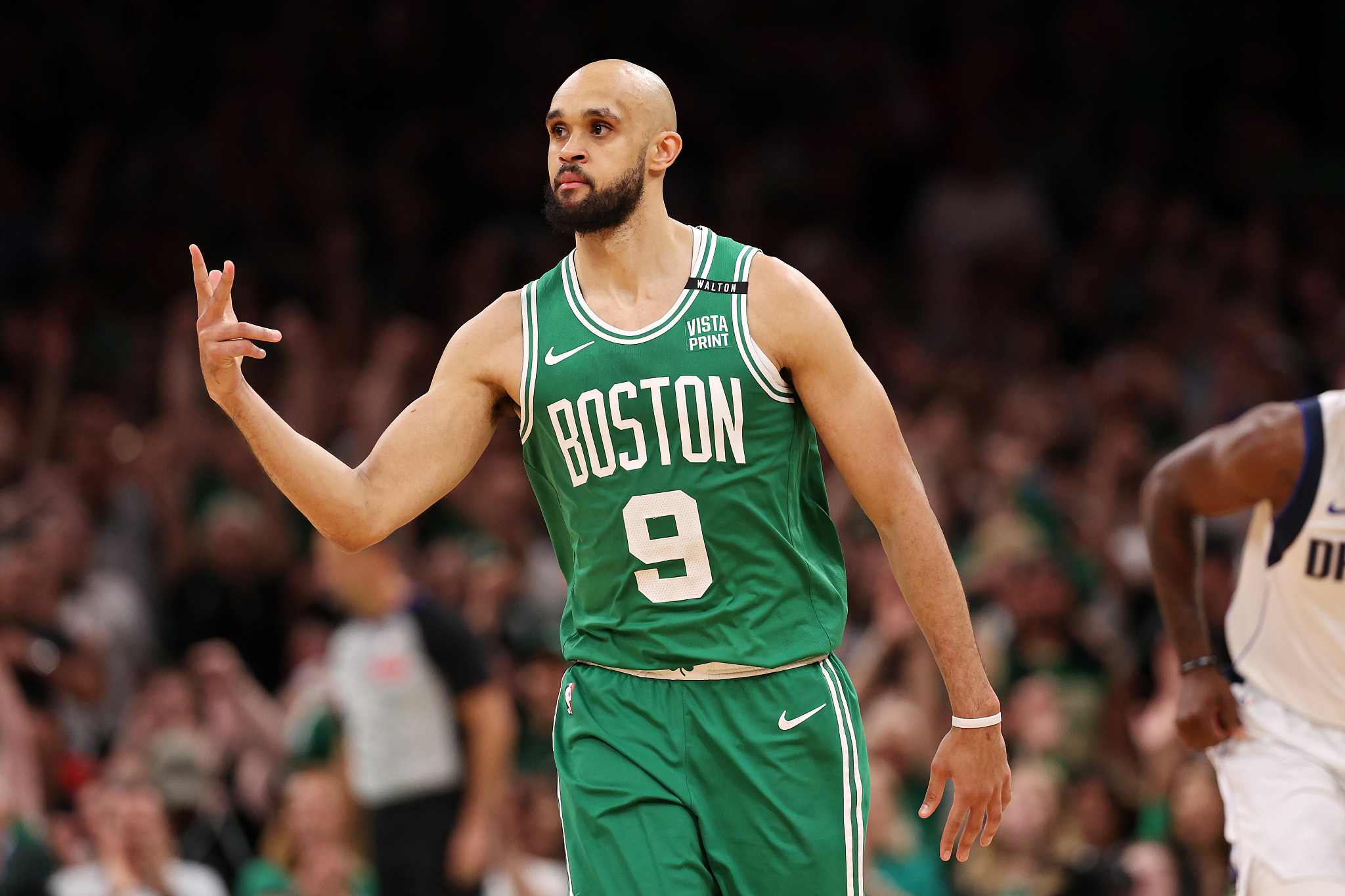 Derrick White of the Boston Celtics reacts after making a 3-pointer in Game 5 of the NBA Finals against the Dallas Mavericks at TD Garden in Boston, Massachusetts, June 17, 2024. /CFP