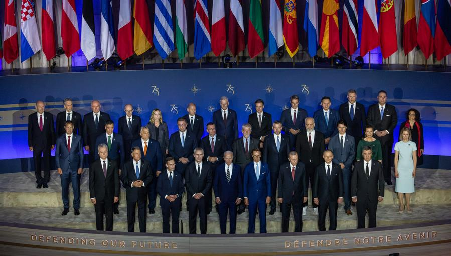 Leaders participating in the North Atlantic Treaty Organization (NATO) summit pose for a group photo in Washington, D.C., the United States, July 9, 2024. /Xinhua