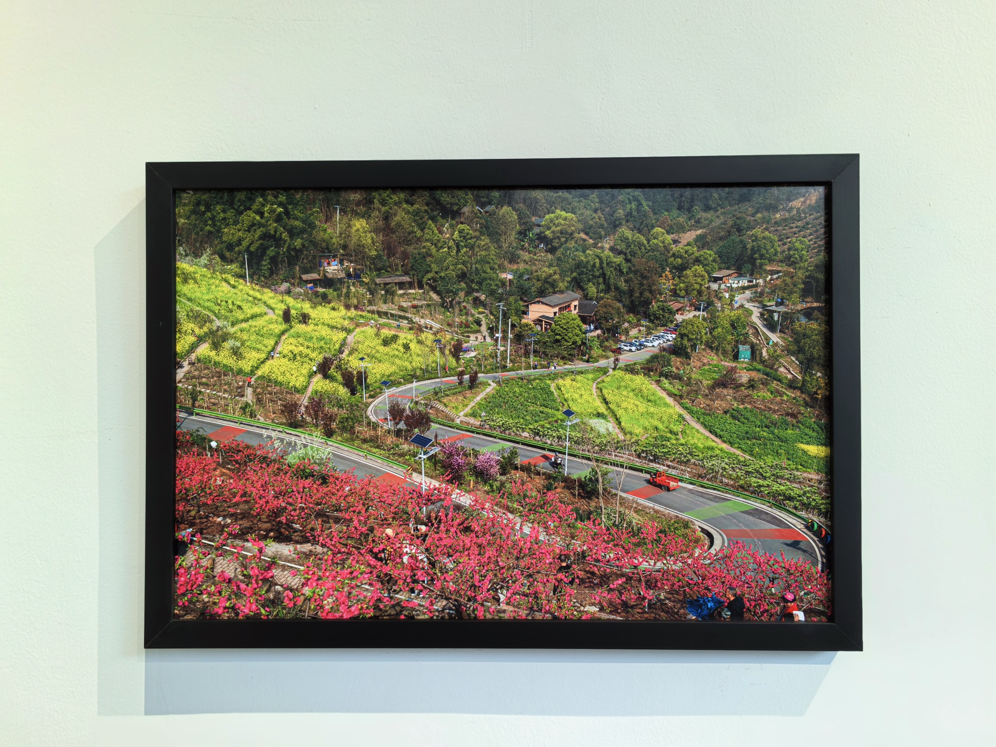A rural road is seen in a photo on display at the Sanhe Art Gallery in Sanhe Village, Chongqing, on July 10, 2024. /CGTN