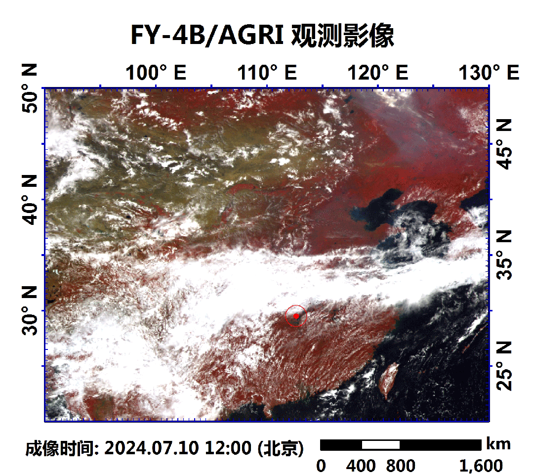A dynamic cloud image of the disaster area at central China's Dongting Lake captured by an FY-4B satellite, July 10, 2024. /CASC