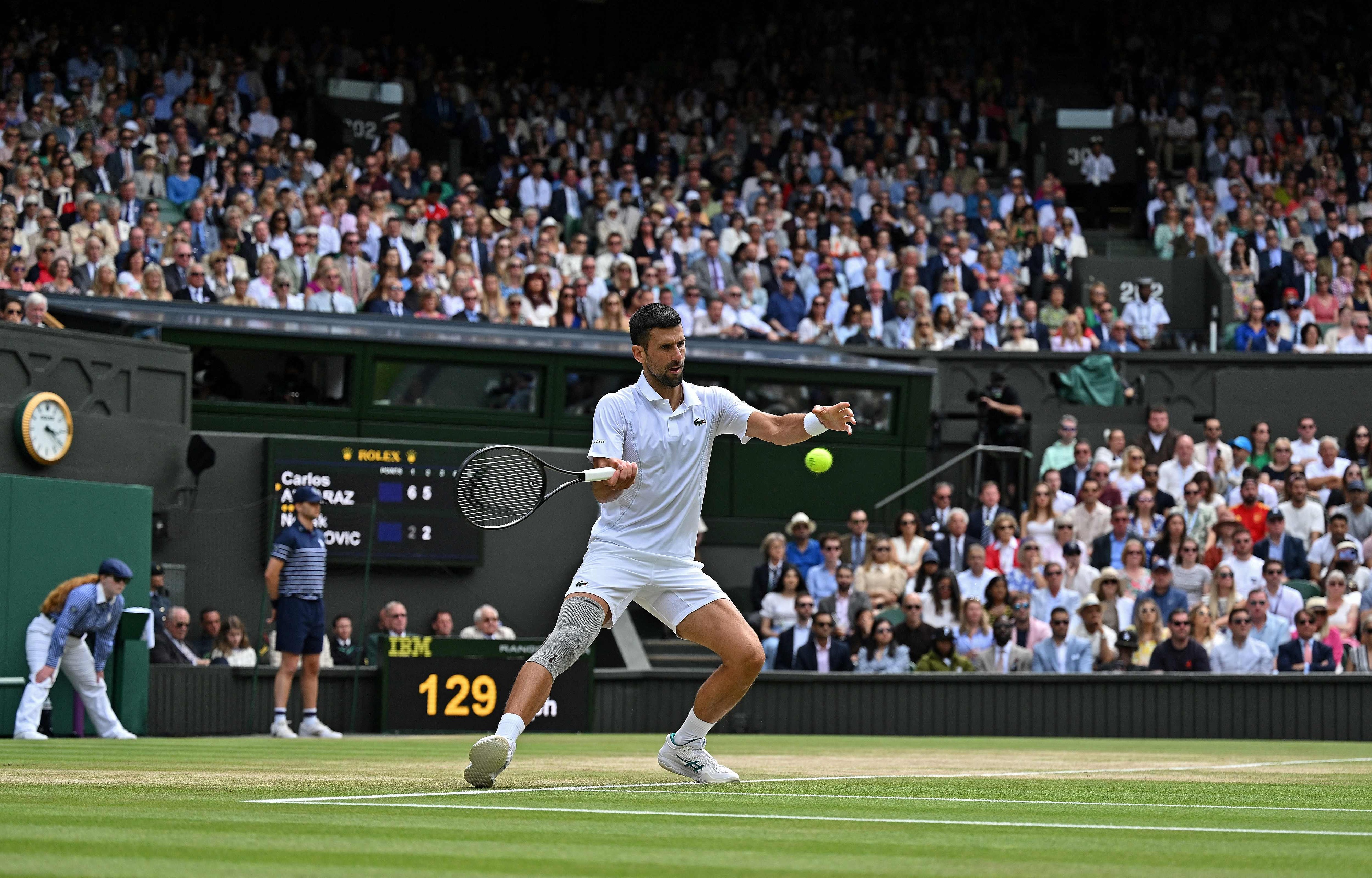 Novak Djokovic in action against Carlos Alcaraz during the men's singles final at the Wimbledon Championships in London, United Kingdom, July 14, 2024. /CFP