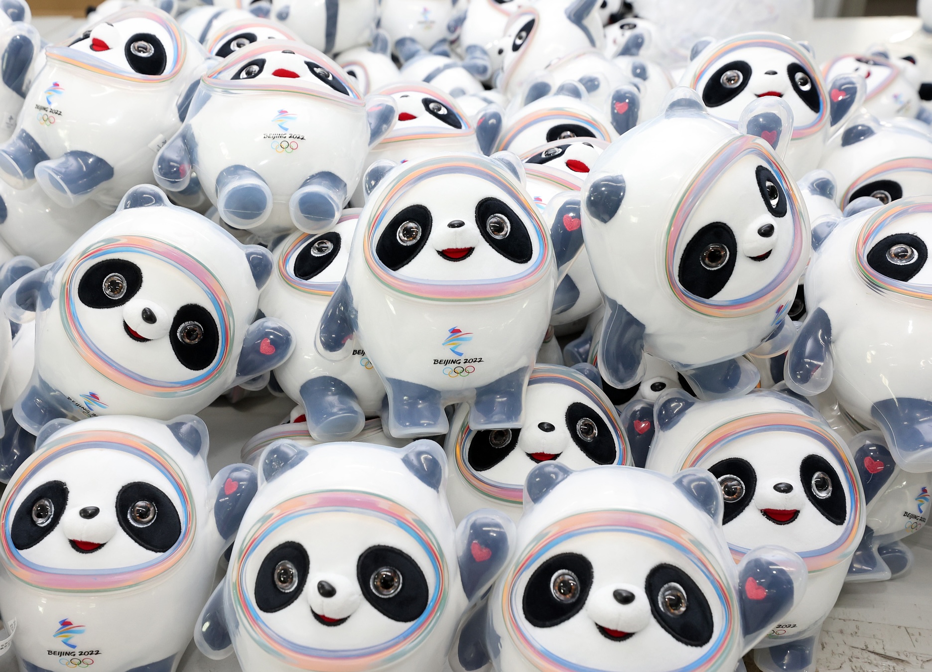 A photo taken on February 8, 2022 shows Bing Dwen Dwen mascots being manufactured in a factory in east China's Jiangsu Province. /CFP