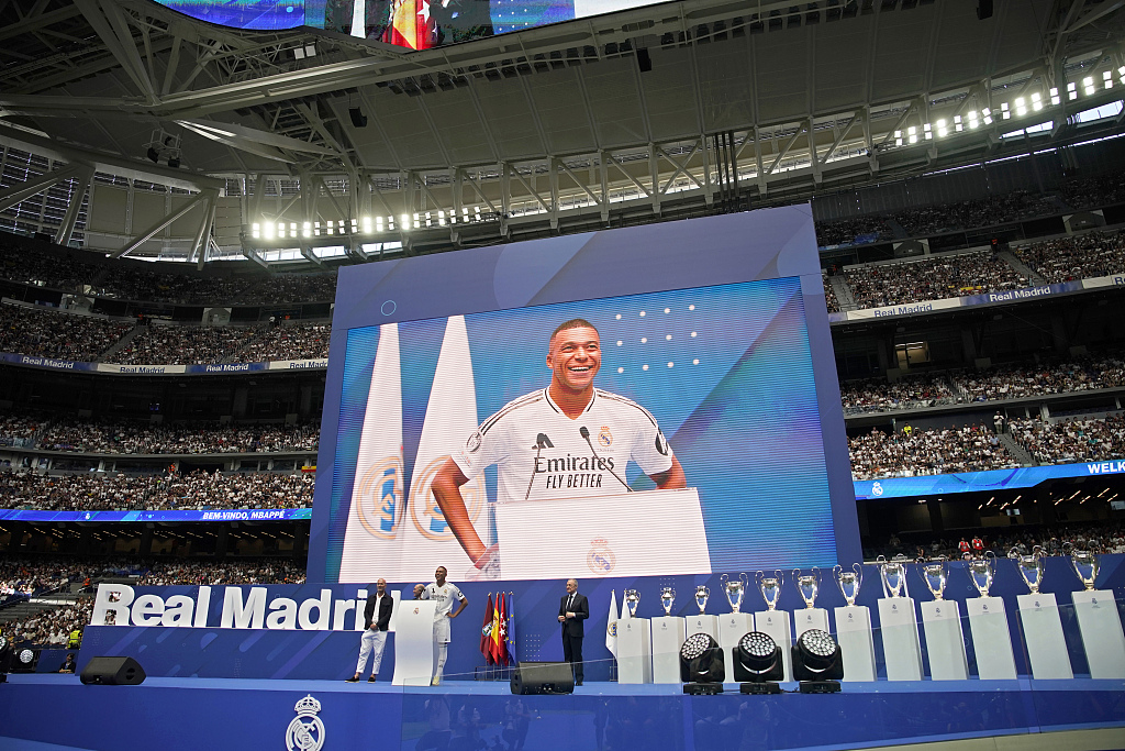 French footballer Kylian Mbappe is presented to fans as a new Real Madrid player at the Santiago Bernabeu stadium in Madrid, Spain, July 16, 2024. /CFP