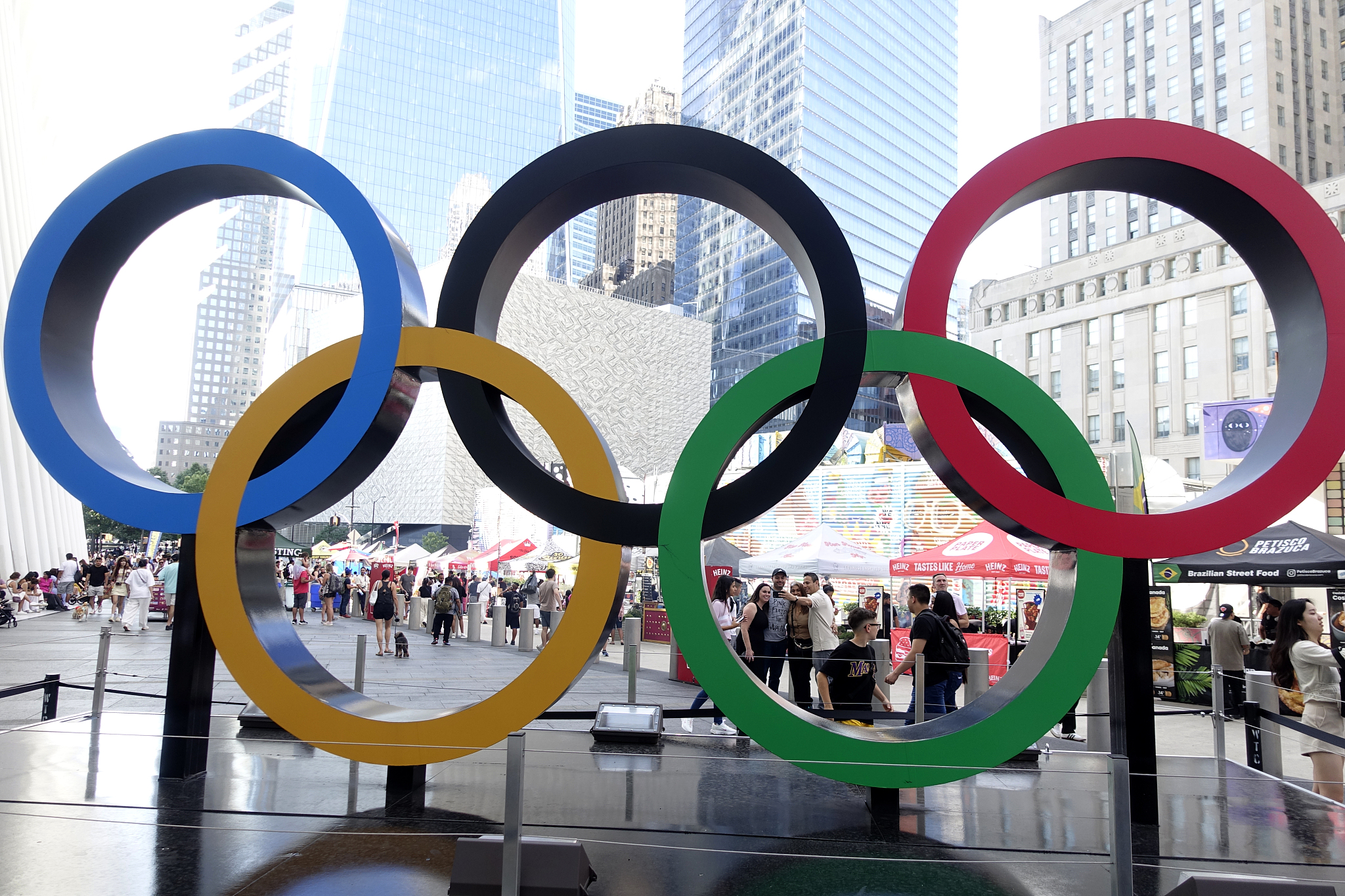 The Olympic logo is displayed in New York City. /CFP