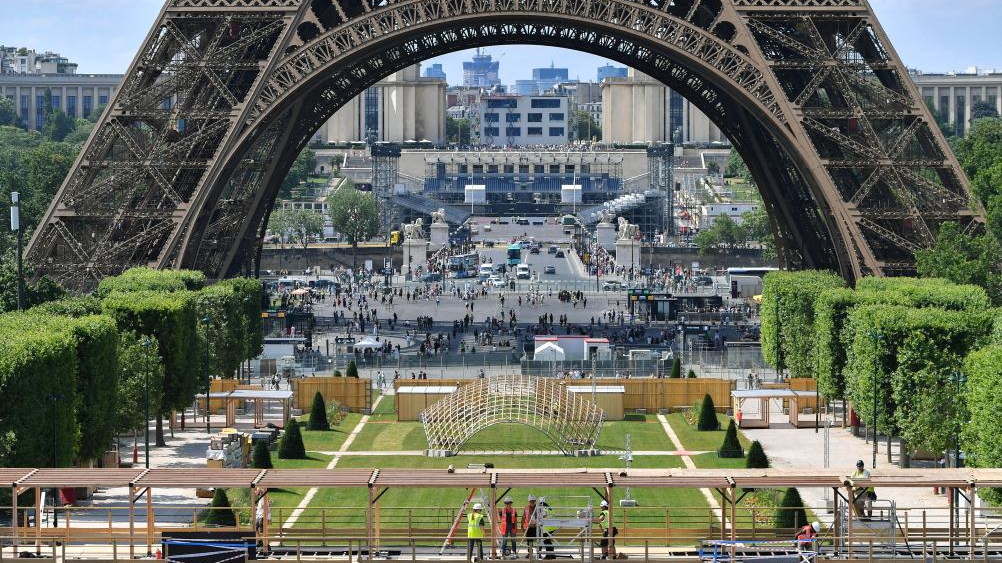 The Eiffel Tower Stadium, which will host Beach Volleyball during the Paris 2024 Olympic Games and the Blind Football during the Paris 2024 Paralympic Games, in Paris, France, June 25, 2024. /Xinhua