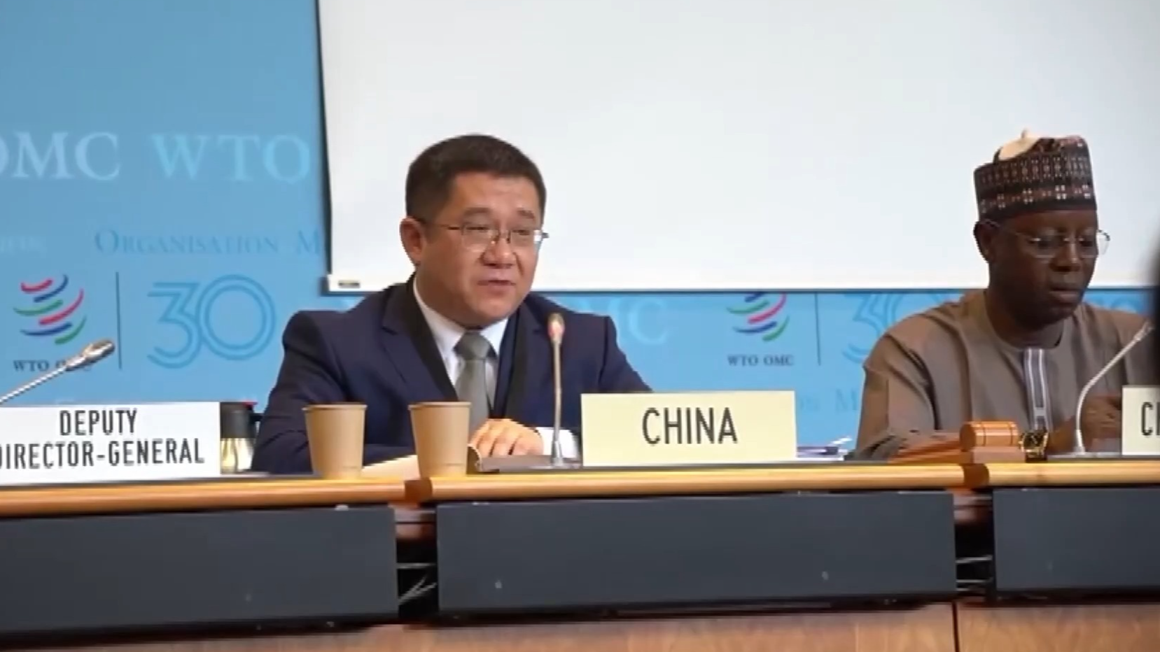 A Chinese representative speaks during the WTO trade policy review. /China Media Group