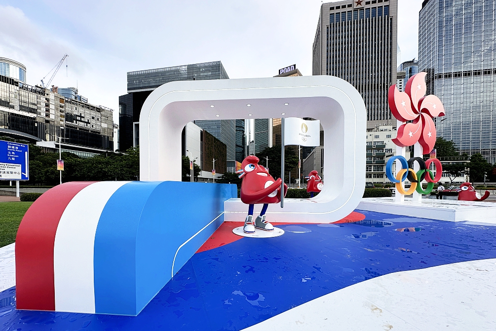 The Phryges, the mascot of the Paris 2024 Olympics, and other Olympic-themed installations are seen at Tamar Park in Admiralty, Hong Kong, on July 19, 2024. /CFP