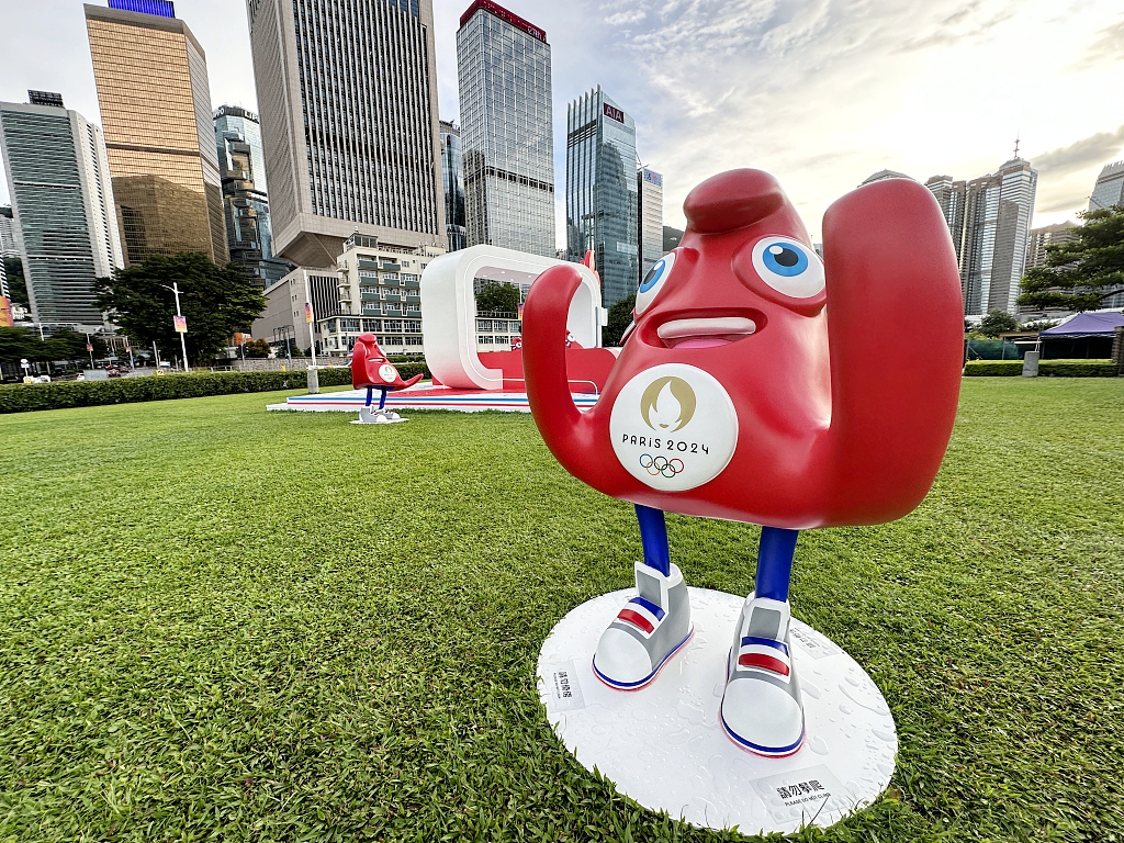 The Phryges, the mascot of the Paris 2024 Olympics, and other Olympic-themed installations are seen at Tamar Park in Admiralty, Hong Kong, on July 19, 2024. /CFP