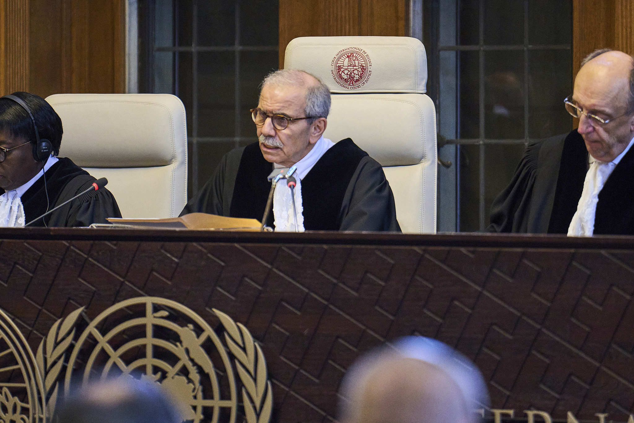 Presiding Judge Nawaf Salam reads a ruling in the International Court of Justice, as the UN's top court delivered a non-binding advisory opinion on the legality of Israel's 57-year occupation of lands sought for a Palestinian state, The Hague, Netherlands, July 19, 2024. /CFP