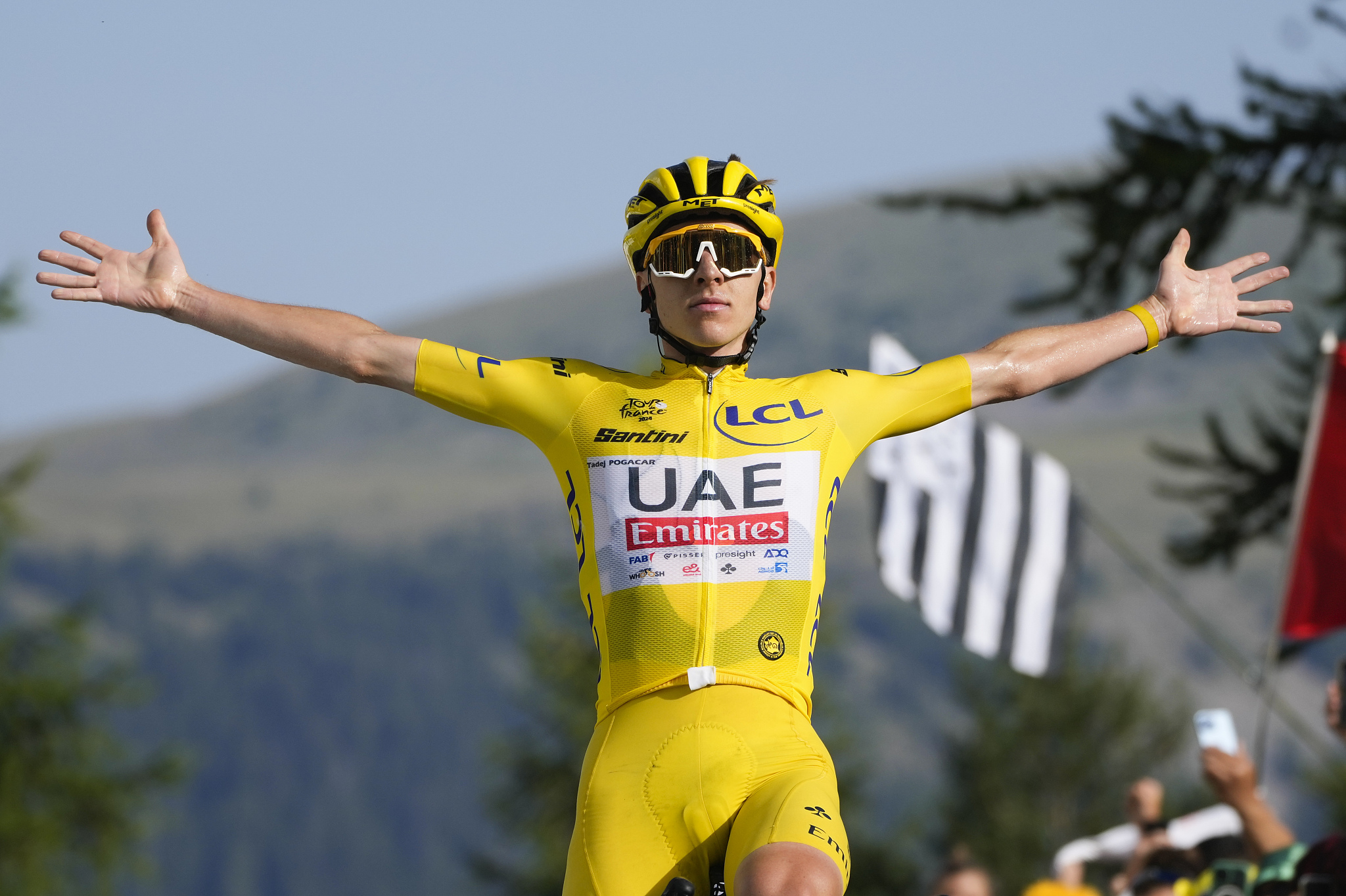 Tadej Pogacar of UCI WorldTeam UAE Team Emirates celebrates after winning the 20th stage of the Tour de France cycling race between Nice and the Couillole Pass, France, July 20, 2024. /CFP