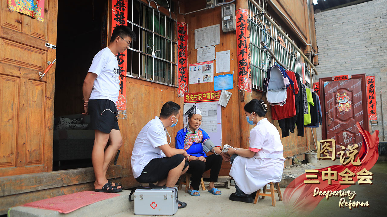 Medical workers give a resident a free medical check in Rongjiang County, southwest China's Guizhou Province, June 19, 2024. /CFP