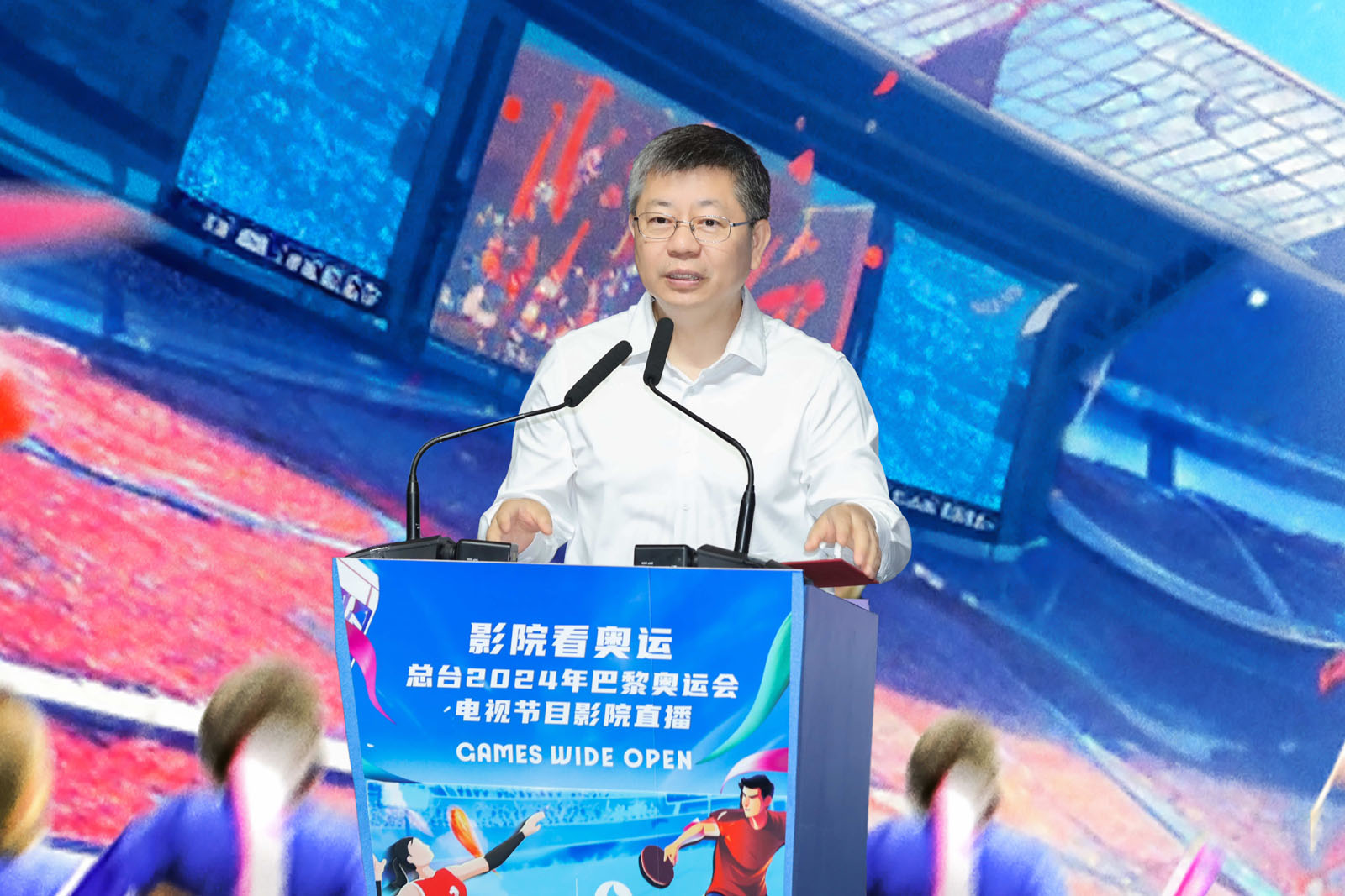 Jiang Wenbo, a member of CMG's editorial board, described the introduction of live Olympic broadcasts in cinemas across China is an important step in keeping pace with the times at a launch event on Monday, July 22, 2024. /Photo provided to CGTN