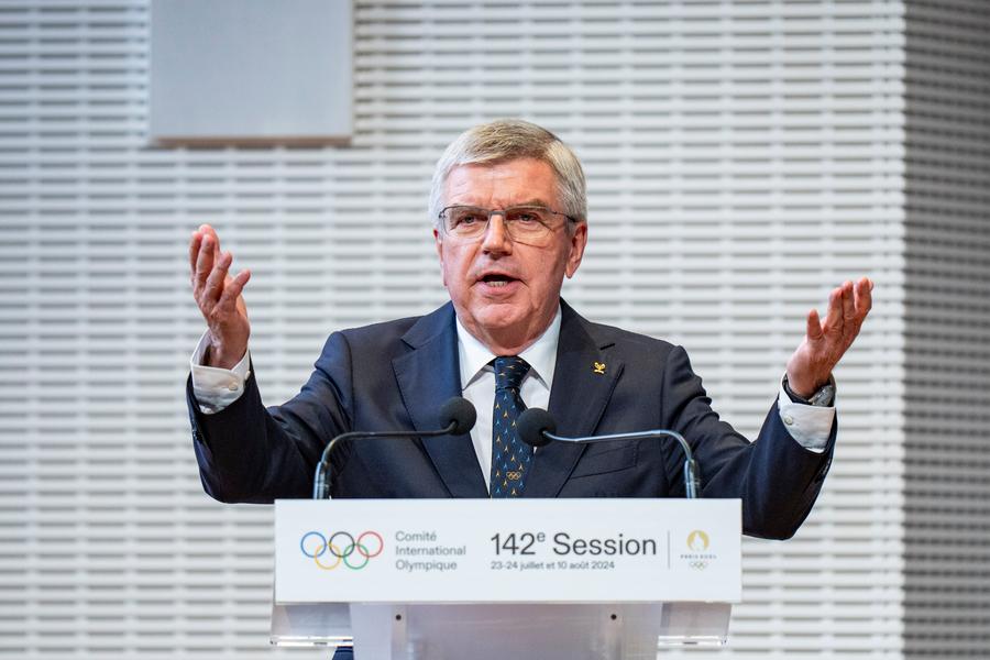 IOC President Thomas Bach speaks during the opening ceremony for the 142nd IOC Session at the Louis Vuitton Foundation in Paris, France, July 22, 2024. /Xinhua
