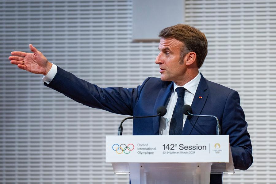 French President Emmanuel Macron speaks during the opening ceremony for the 142nd IOC Session at the Louis Vuitton Foundation in Paris, France, July 22, 2024. /Xinhua