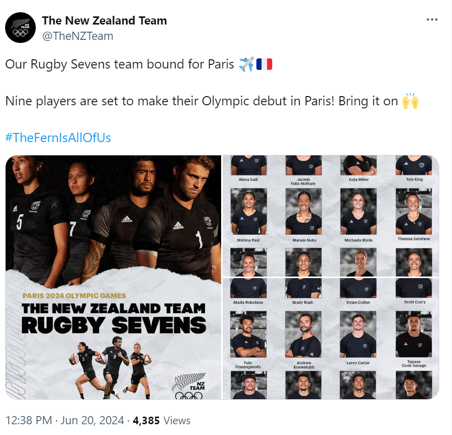 The New Zealand Team's tweet on June 20 about their men's and women's rugby sevens squads. /@TheNZTeam 